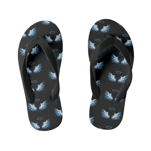 Blue Glowing Angel Wings on black background Kid's Flip Flops (Footbed)