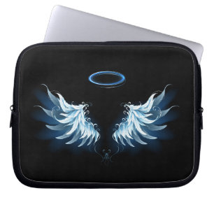 Blue Glowing Angel Wings on black background Laptop Sleeve