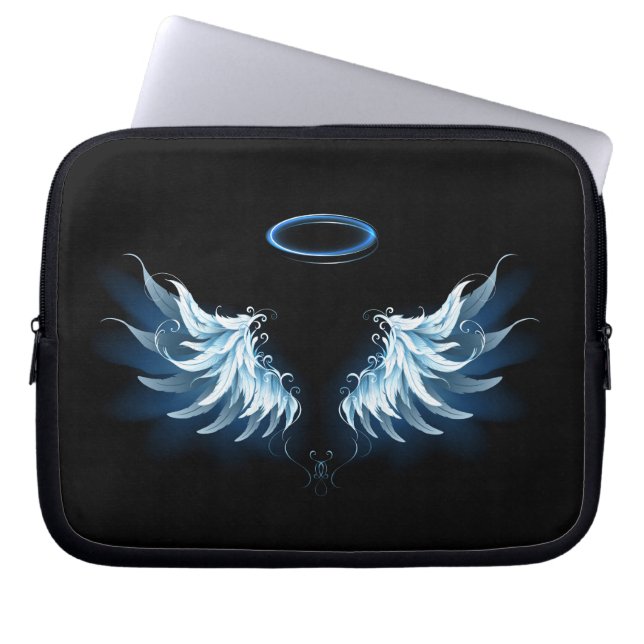 Blue Glowing Angel Wings on black background Laptop Sleeve (Front)