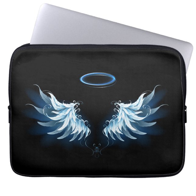 Blue Glowing Angel Wings on black background Laptop Sleeve (Front)