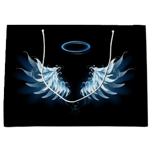 Blue Glowing Angel Wings on black background Large Gift Bag