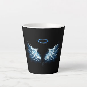 Blue Glowing Angel Wings on black background Latte Mug