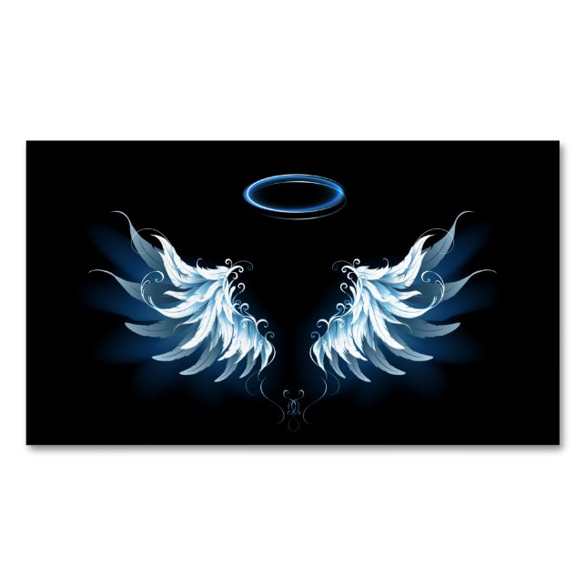 Blue Glowing Angel Wings on black background Magnetic Business Card (Front)