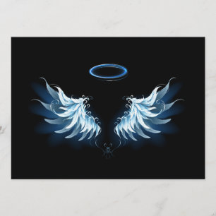 Blue Glowing Angel Wings on black background Menu