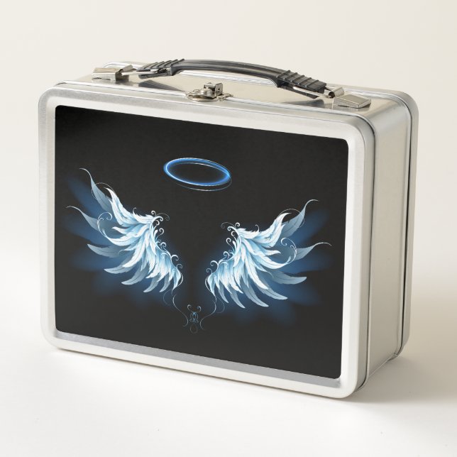 Blue Glowing Angel Wings on black background Metal Lunch Box (Front)