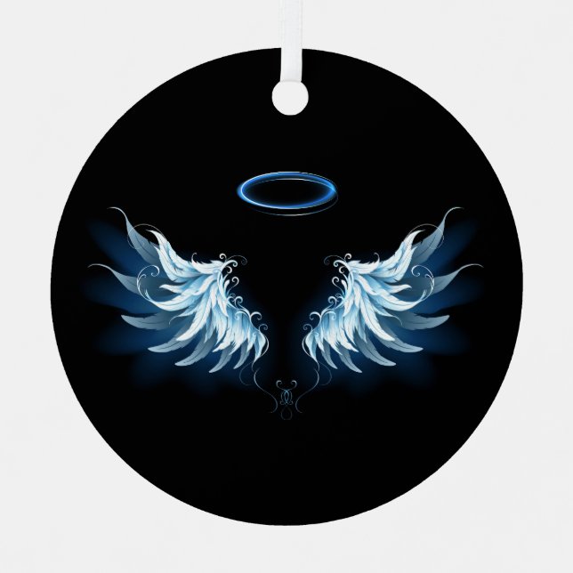 Blue Glowing Angel Wings on black background Metal Tree Decoration (Front)