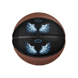 Blue Glowing Angel Wings on black background Mini Basketball