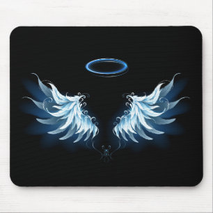 Blue Glowing Angel Wings on black background Mouse Mat