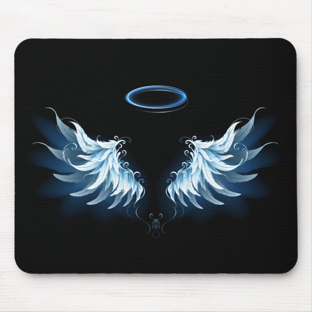Blue Glowing Angel Wings on black background Mouse Mat (Front)
