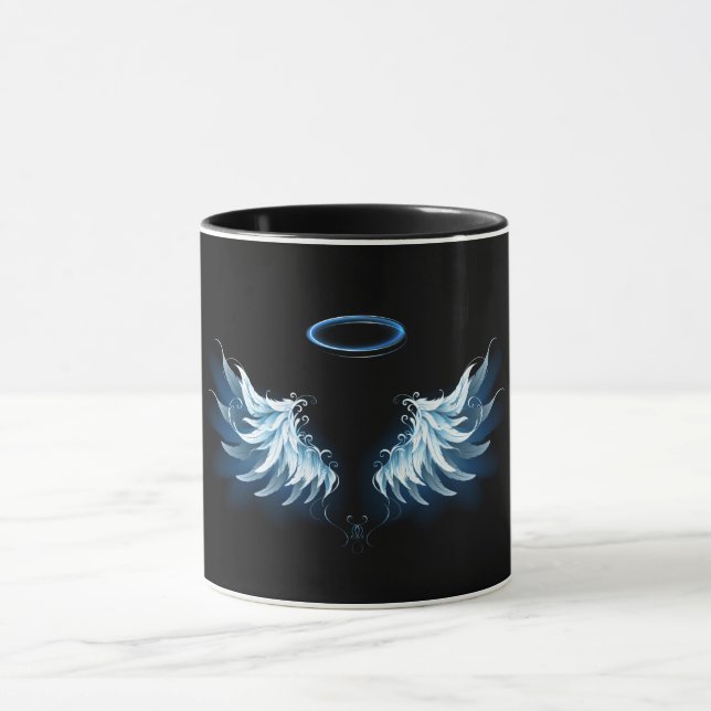 Blue Glowing Angel Wings on black background Mug (Center)