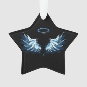 Blue Glowing Angel Wings on black background Ornament