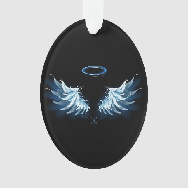 Blue Glowing Angel Wings on black background Ornament (Front)