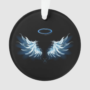 Blue Glowing Angel Wings on black background Ornament