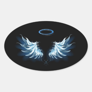Blue Glowing Angel Wings on black background Oval Sticker