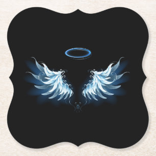 Blue Glowing Angel Wings on black background Paper Coaster