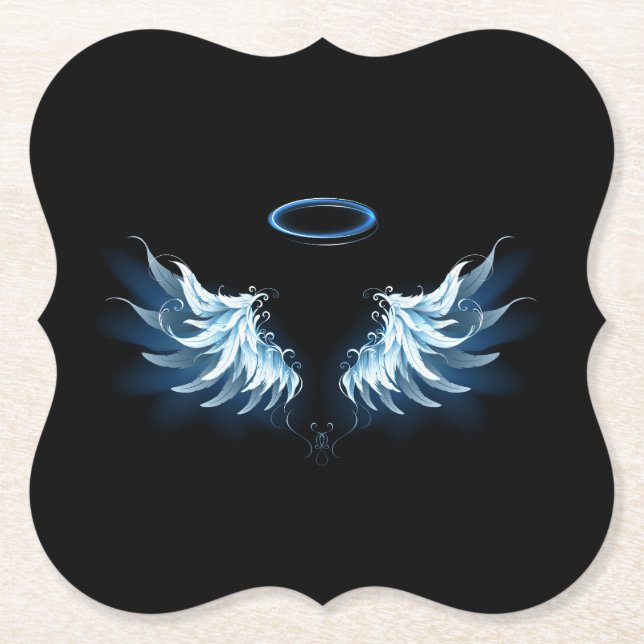 Blue Glowing Angel Wings on black background Paper Coaster (Front)