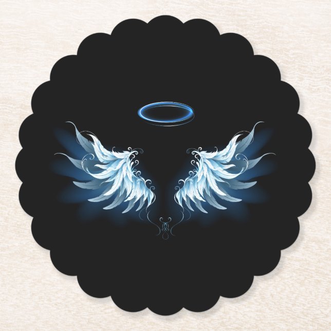 Blue Glowing Angel Wings on black background Paper Coaster (Front)