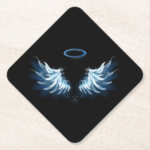 Blue Glowing Angel Wings on black background Paper Coaster