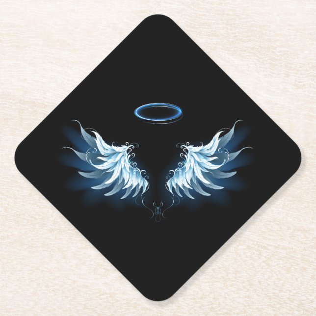 Blue Glowing Angel Wings on black background Paper Coaster (Front)