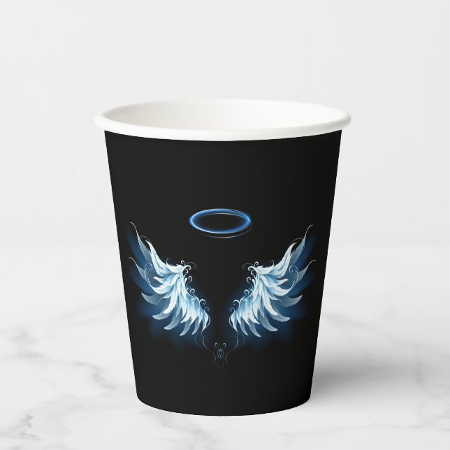 Blue Glowing Angel Wings on black background Paper Cups (Front)