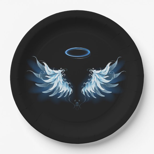 Blue Glowing Angel Wings on black background Paper Plate (Front)