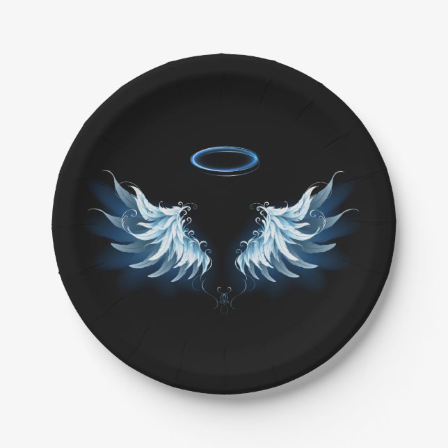 Blue Glowing Angel Wings on black background Paper Plate (Front)