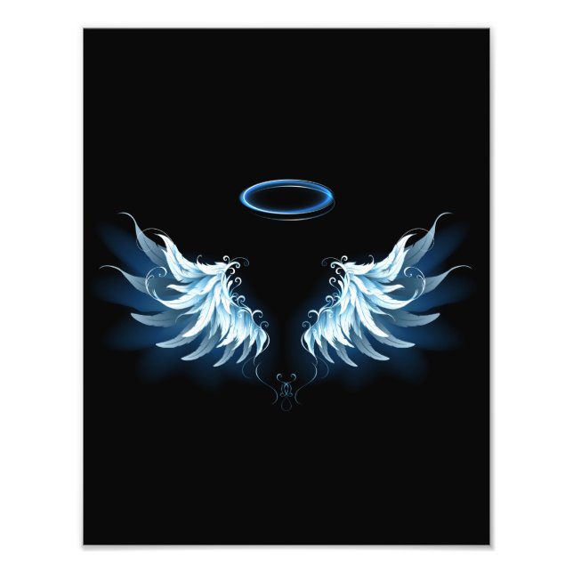 Blue Glowing Angel Wings on black background Photo Print (Front)