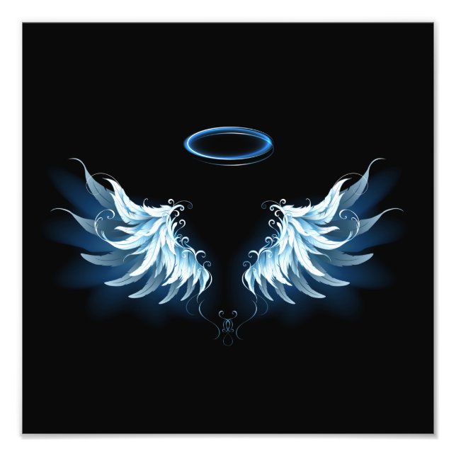 Blue Glowing Angel Wings on black background Photo Print (Front)
