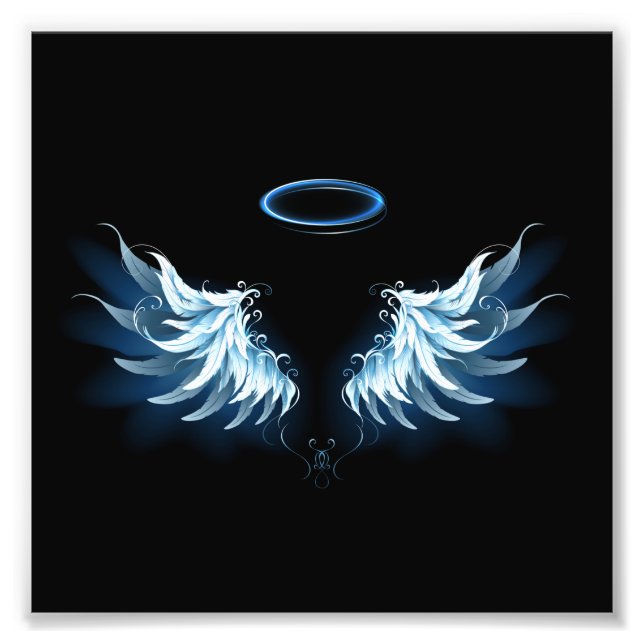 Blue Glowing Angel Wings on black background Photo Print (Front)