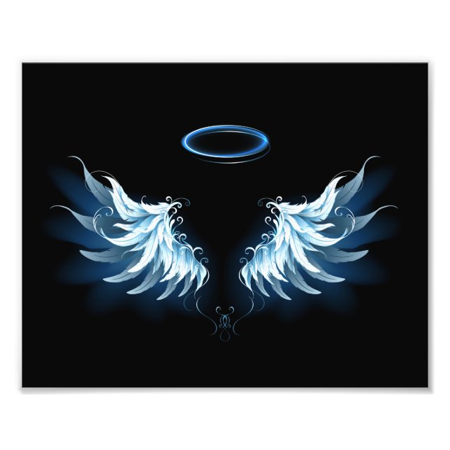 Blue Glowing Angel Wings on black background Photo Print (Front)