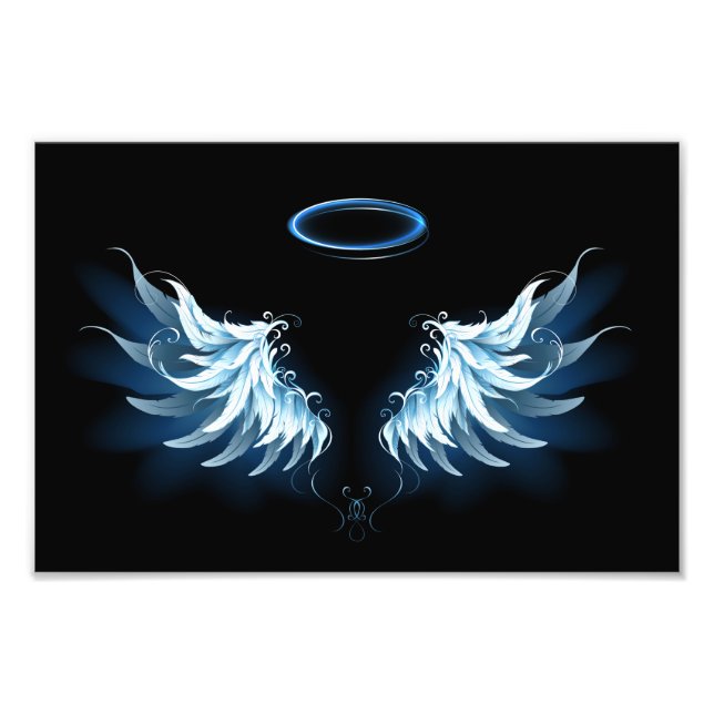 Blue Glowing Angel Wings on black background Photo Print (Front)