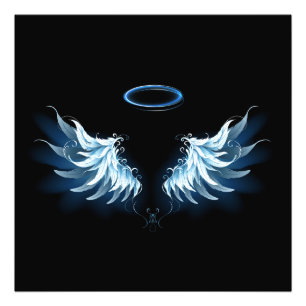 Blue Glowing Angel Wings on black background Photo Print