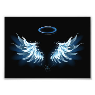 Blue Glowing Angel Wings on black background Photo Print