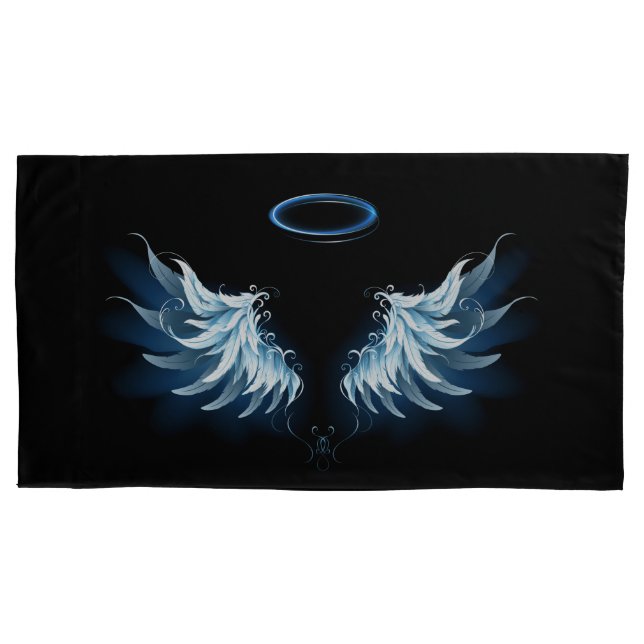 Blue Glowing Angel Wings on black background Pillowcase (Front-Left)