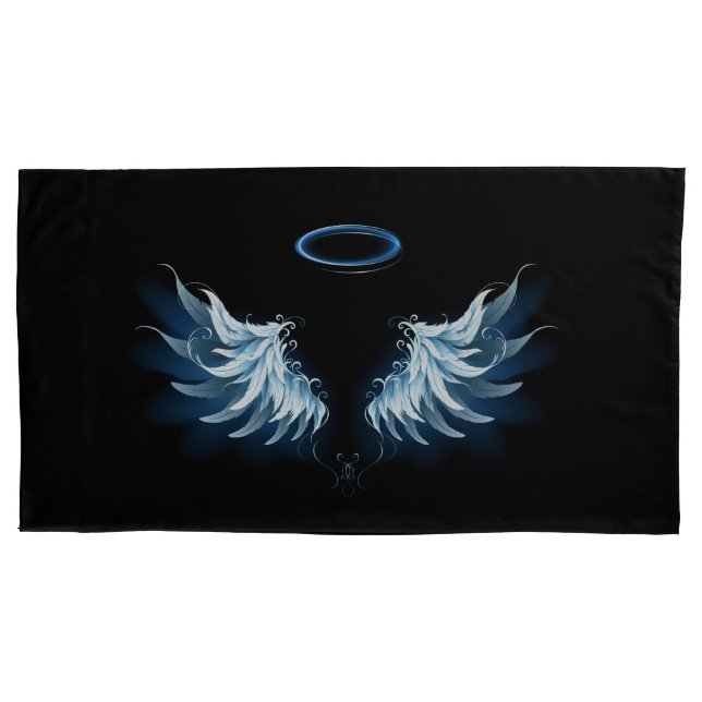 Blue Glowing Angel Wings on black background Pillowcase (Front)