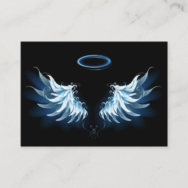Blue Glowing Angel Wings on black background Place Card (Front)