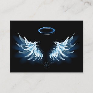 Blue Glowing Angel Wings on black background Place Card