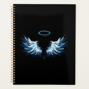 Blue Glowing Angel Wings on black background Planner