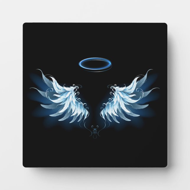 Blue Glowing Angel Wings on black background Plaque (Front)