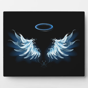 Blue Glowing Angel Wings on black background Plaque