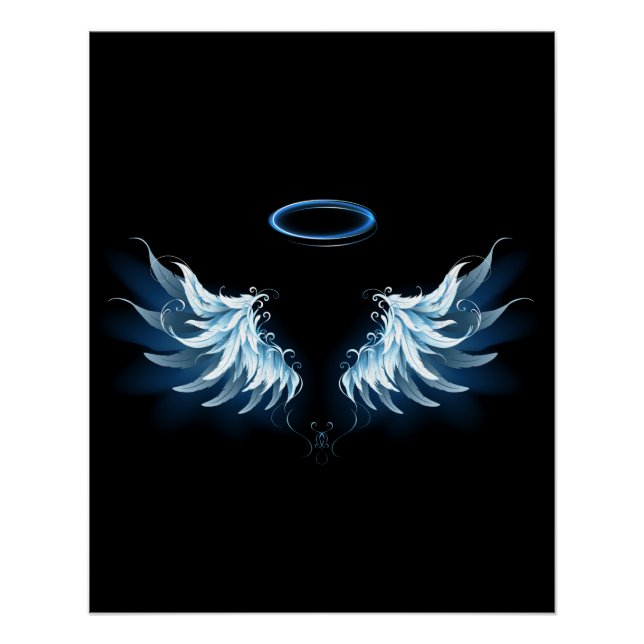 Blue Glowing Angel Wings on black background Poster (Front)
