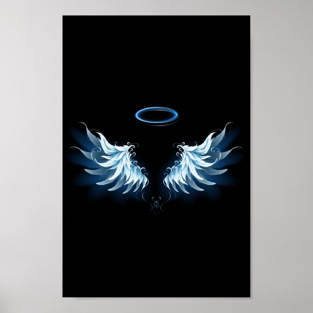 Blue Glowing Angel Wings on black background Poster (Front)