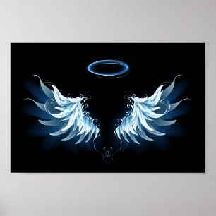 Blue Glowing Angel Wings on black background Poster