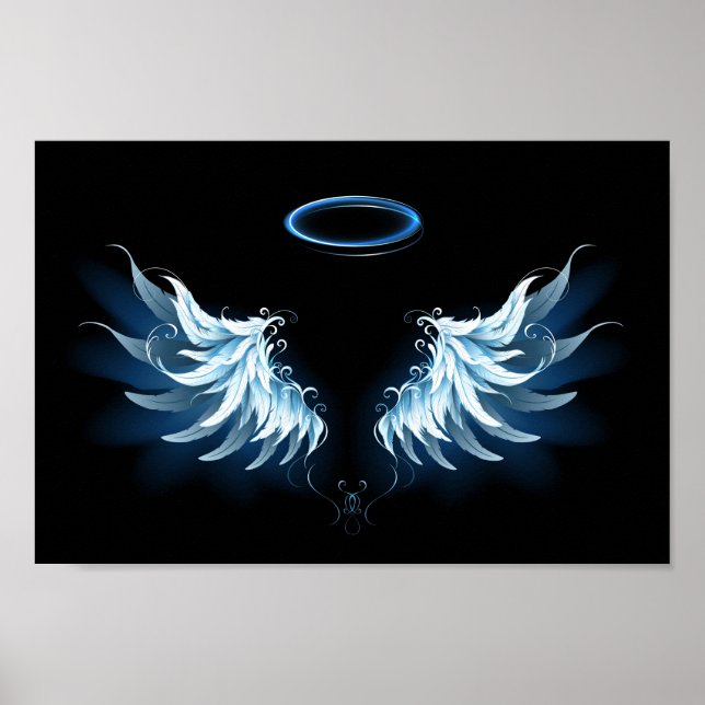 Blue Glowing Angel Wings on black background Poster (Front)