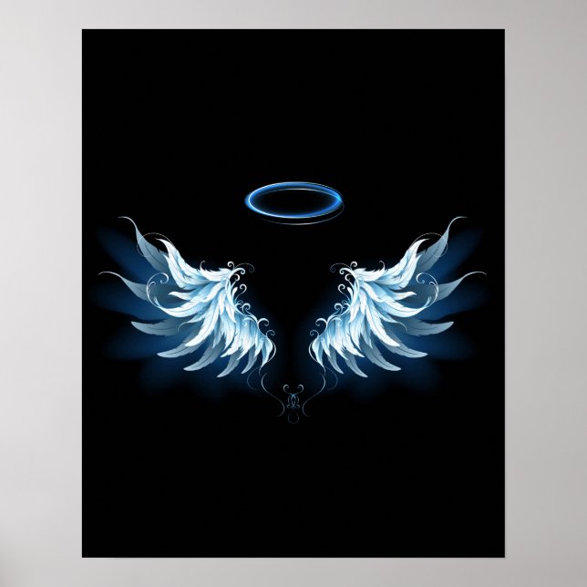 Blue Glowing Angel Wings on black background Poster (Front)