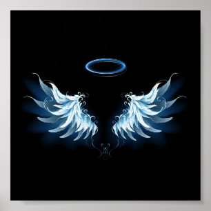 Blue Glowing Angel Wings on black background Poster