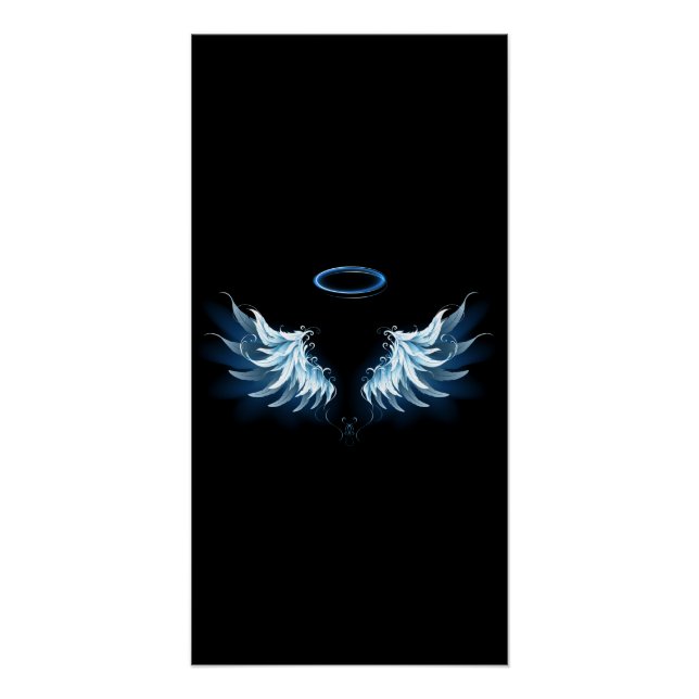 Blue Glowing Angel Wings on black background Poster (Front)