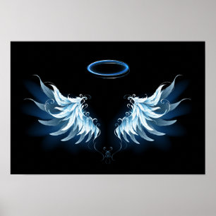 Blue Glowing Angel Wings on black background Poster