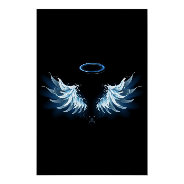 Blue Glowing Angel Wings on black background Poster (Front)