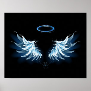Blue Glowing Angel Wings on black background Poster